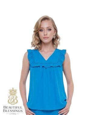 Women's LOFT Blue Ruffle V-Neck Sleeveless Lightweight Flowy Top Size M